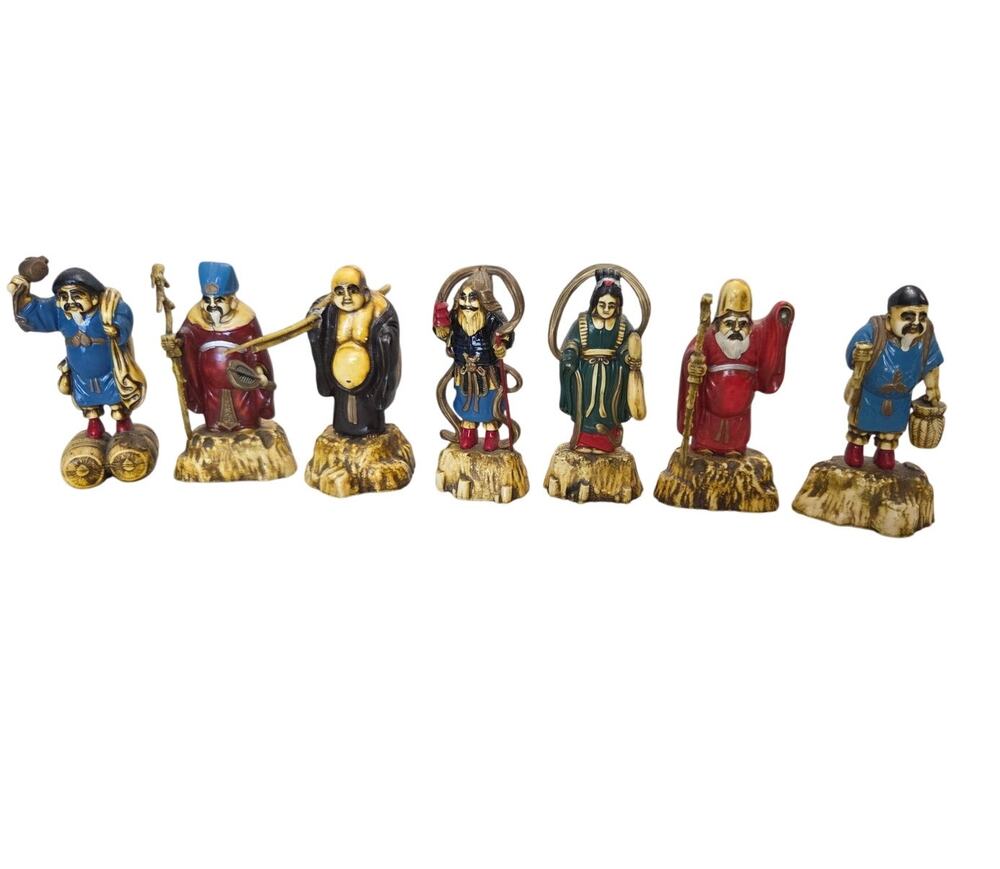 Lot 7 Gods of Good Fortune Antique Celluloid Japanese MCM Numbered